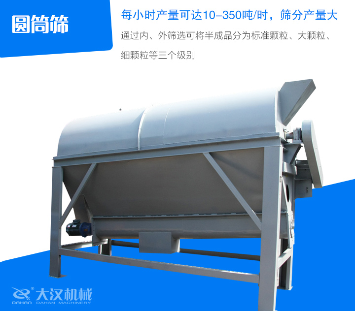 圓筒篩通過內(nèi)、外篩選可將半成品分為標(biāo)準(zhǔn)顆粒、大顆粒、 細(xì)顆粒等三個(gè)級(jí)別